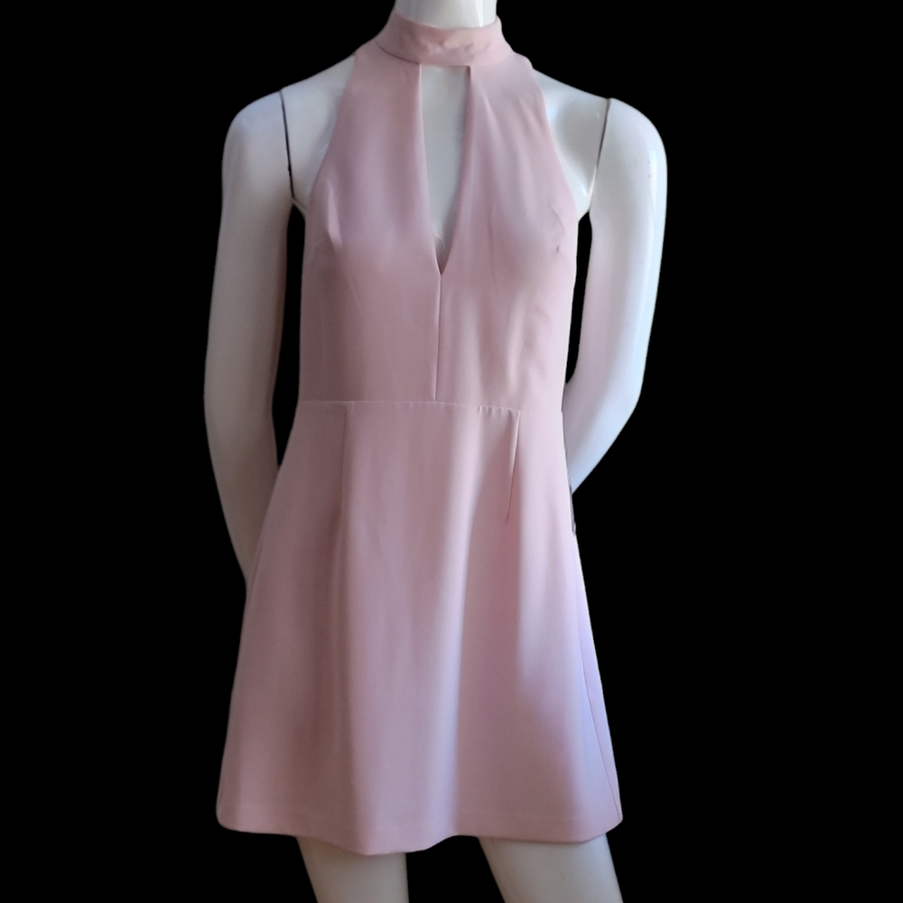 EXPRESS Choker Sleeveless Sheath Dress  Light Pink Open Back Black Lace Zip NEW